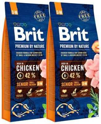Сухой корм для пожилых собак Brit Premium by Nature, курица 2 шт. х 15 кг (для мелких и средних пород)