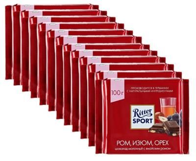 Шоколад Ritter Sport молочный Ром, изюм, орех, 100 г (12 шт.)