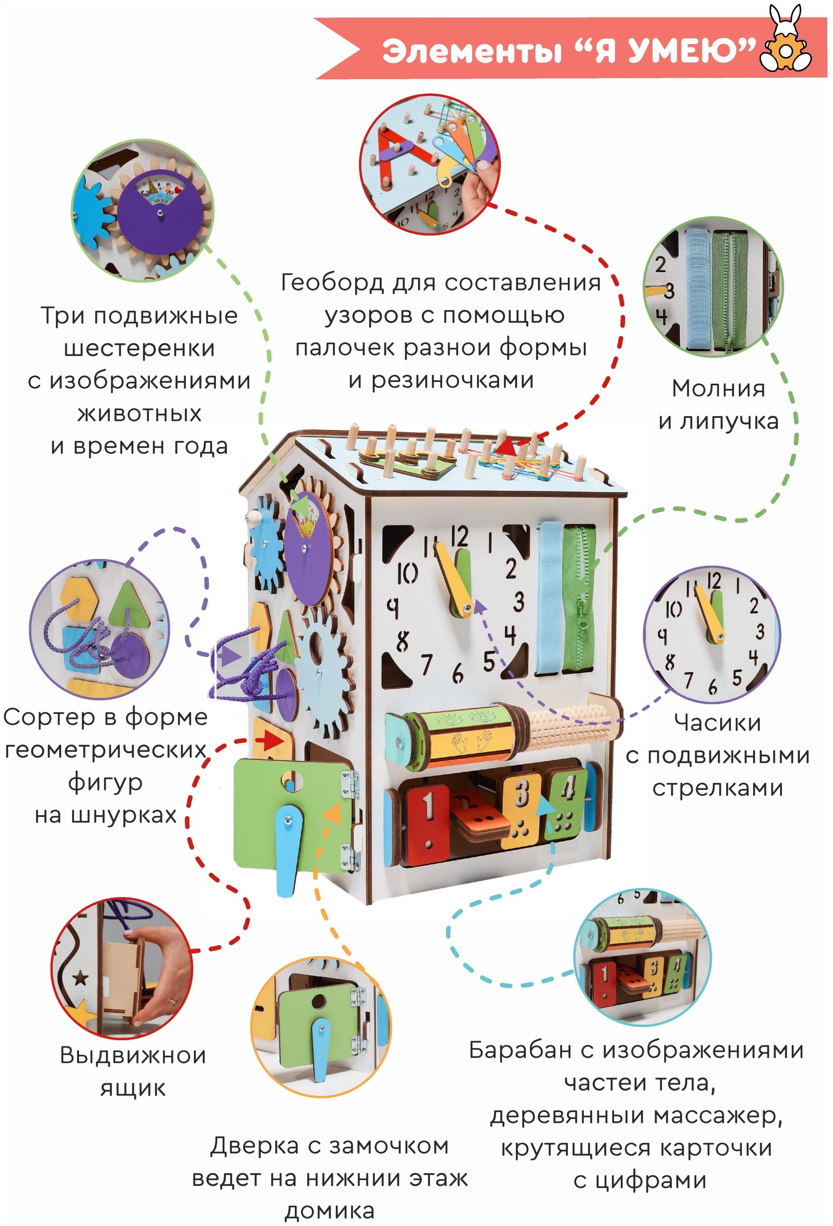 Бизиборд домик развивающий "Я умею" бизидомик со светом бизидом Bunny Board от года