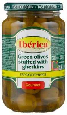Iberica Оливки фаршированные евроогурчиками в маринаде, стеклянная банка 350 г
