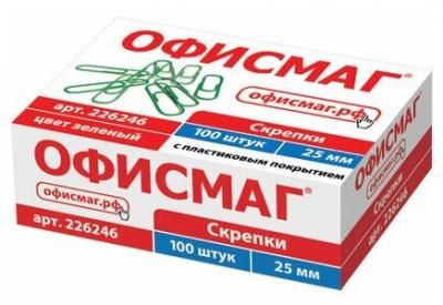 Скрепки Офисмаг (25мм, зеленые) картонная упаковка, 100шт., 25 уп. (226246)