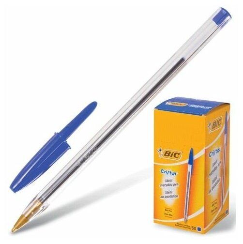 Ручка шариковая BIC Cristal, синяя, корпус прозрачный, узел 1 мм, линия письма 0,32 мм, 847898, (50 шт.)