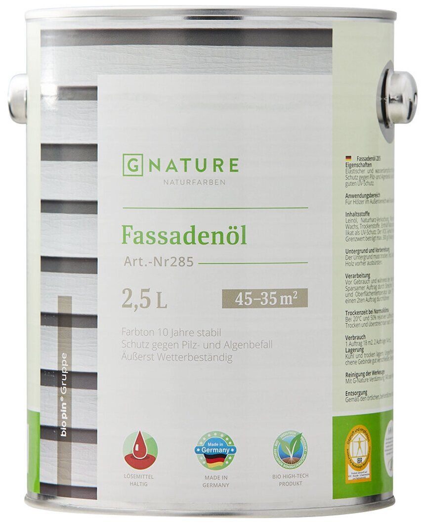 GNature 285, Fassadenöl Защитное атмосферостойкое масло для фасада с УФ  фильтром, защитой от грибка и плесени, с эффектом металлик, колеруемое 2,5  л купить в Москве, СПб, Новосибирске по низкой цене