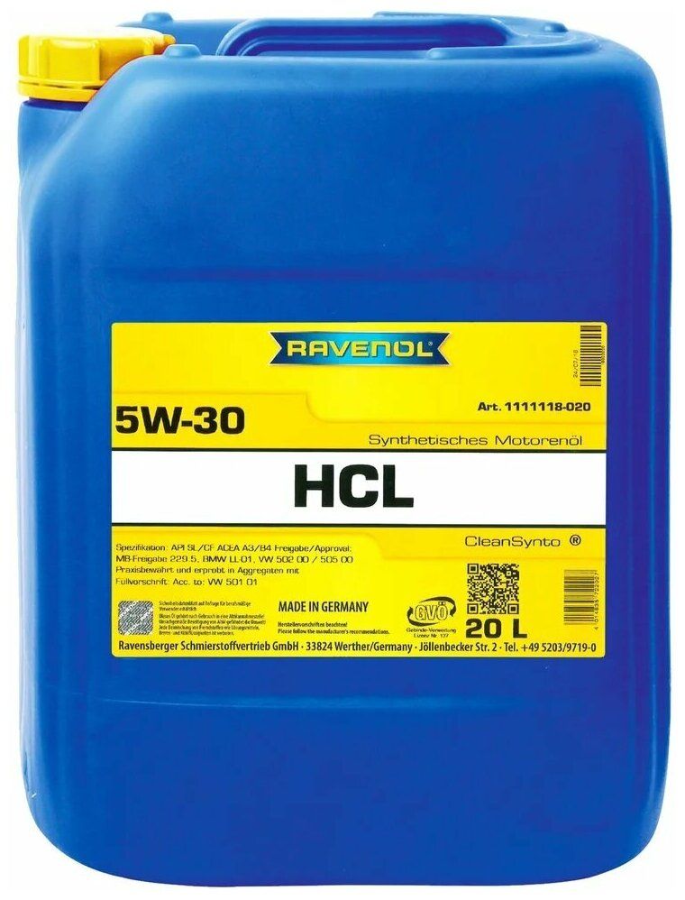 Синтетическое моторное масло Ravenol HCL SAE 5W-30, 20 л Синтетическое моторное масло Ravenol HCL SAE 5W-30, 20 л