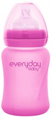 EveryDay Baby Бутылочка стеклянная Healthy + с индикатором температуры и защитным силиконовым покрытием, 150 мл, с рождения, розовый