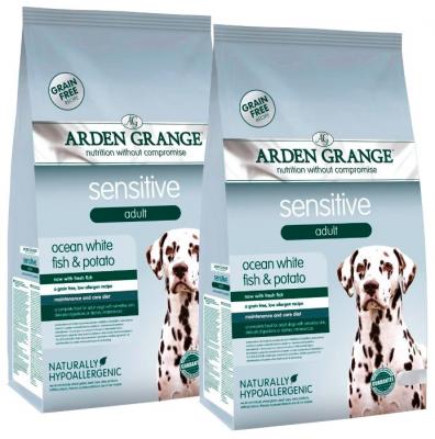 Сухой корм для взрослых собак Arden Grange Sensitive с деликатным желудком и/или чувствительной кожей, с океанической белой рыбой и картофелем 2шт. х 12 кг