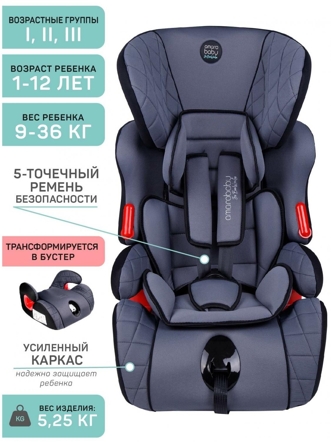 Автокресло детское AMAROBABY Big trip, группа I/II/III, (серый/чёрный)  купить в Москве, СПб, Новосибирске по низкой цене