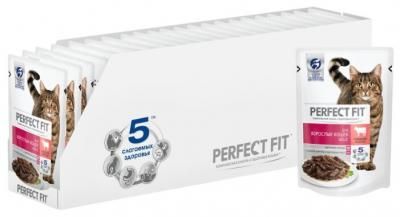 Корм для кошек Perfect Fit для здоровья кожи и шерсти, с говядиной 24шт. х 85 г (кусочки в соусе)