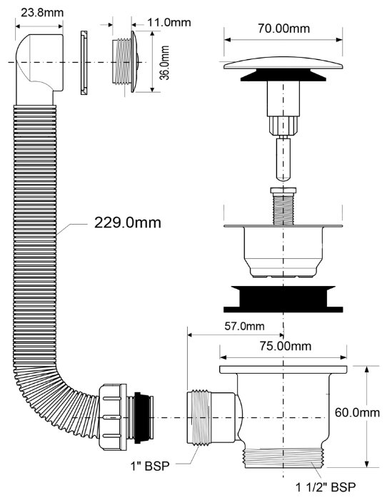 Слив-перелив для раковины McALPINE OF2C-70 Слив-перелив для раковины McALPINE OF2C-70