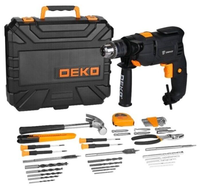 Дрель ударная DEKO DKID600W кейс + набор инструментов 40 предметов черный/оранжевый