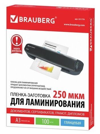 Пакетная пленка для ламинирования BRAUBERG Пленки-заготовки, 100 шт., А3, 250 мкм, 531779 100 шт.