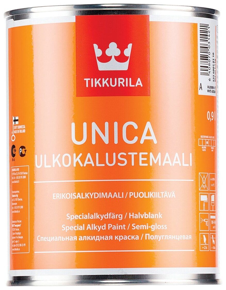 Краска алкидная специальная Unica Ulkokalustemaali (Уника)TIKKURILA 0,9л  бесцветный (база С) купить в Москве, СПб, Новосибирске по низкой цене